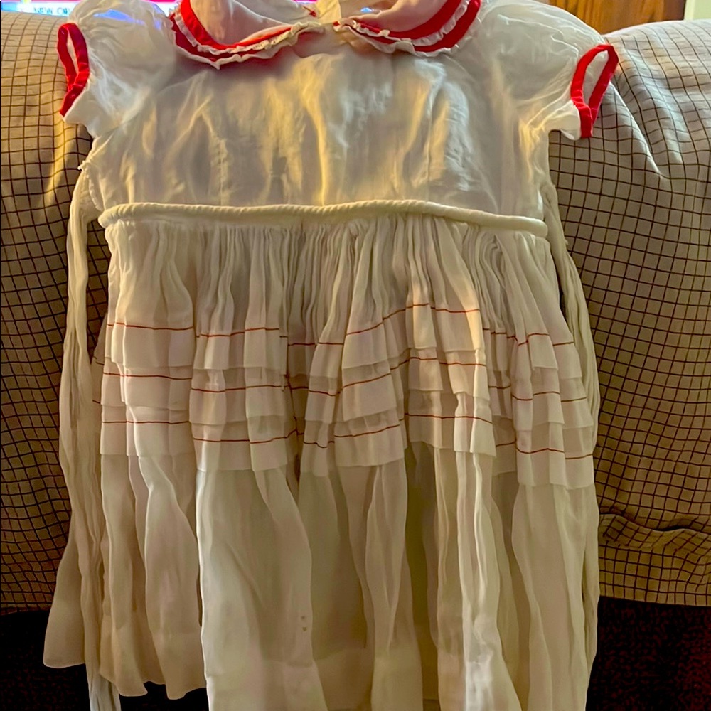 VINTAGE girls chiffon white dress. Exquisite red trim and buttons